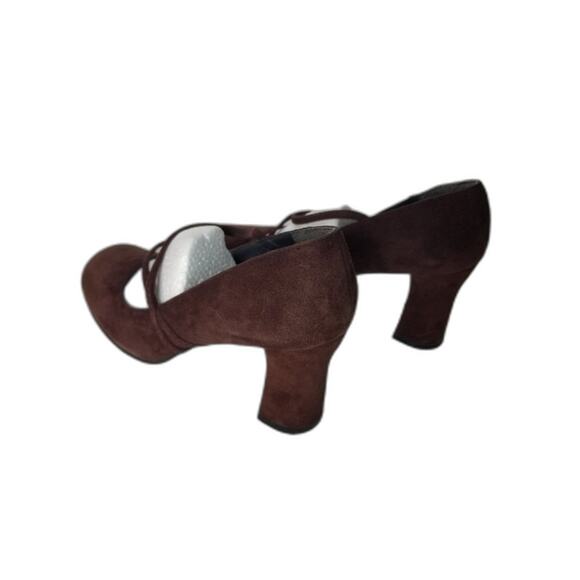 90S Vintage Brown Suede Leather Stuart Weitzman Mary Jane Pumps Block Heels - Picture 7 of 9